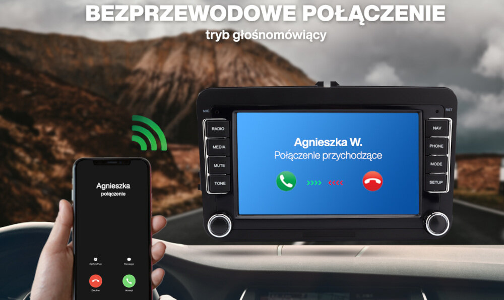 Obraz przedstawia radio samochodowe z wyświetlaczem pokazującym połączenie przychodzące od \'Agnieszka W.\'. Obok radia widoczny jest telefon z ekranem informującym o połączeniu od \'Agnieszka\'.