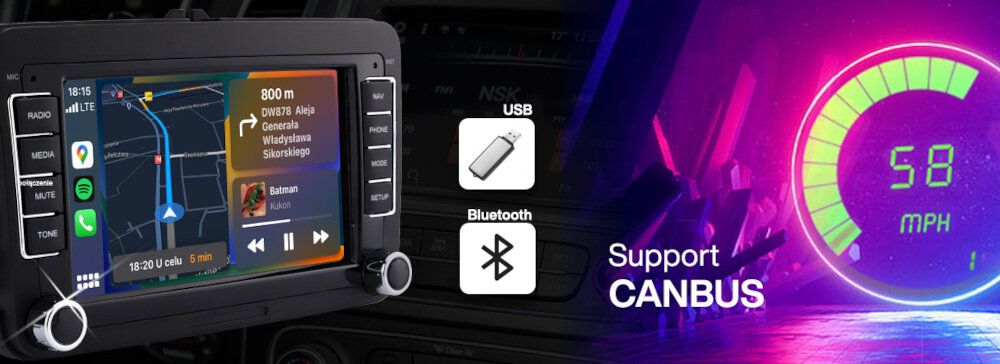 Obraz przedstawia radio samochodowe z kolorowym ekranem dotykowym, na którym widoczna jest mapa i odtwarzacz muzyki. Obok znajdują się ikony USB i Bluetooth oraz napis \'Support CANBUS\' z prędkościomierzem pokazującym 58 MPH.