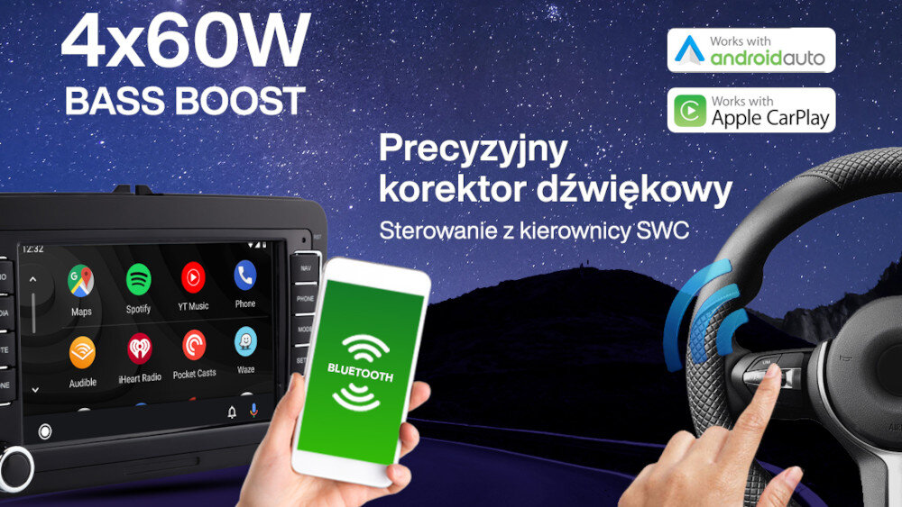 Obraz przedstawia radio samochodowe z wyświetlaczem pokazującym ikony aplikacji takich jak Maps, Spotify i YouTube Music. Obok widoczny jest telefon z ikoną Bluetooth oraz kierownica z ręką, a na obrazie znajdują się napisy: \'4x60W BASS BOOST\', \'Precyzyjny korektor dźwiękowy\', \'Sterowanie z kierownicy SWC\', \'Works with Android Auto\', \'Works with Apple CarPlay\'.