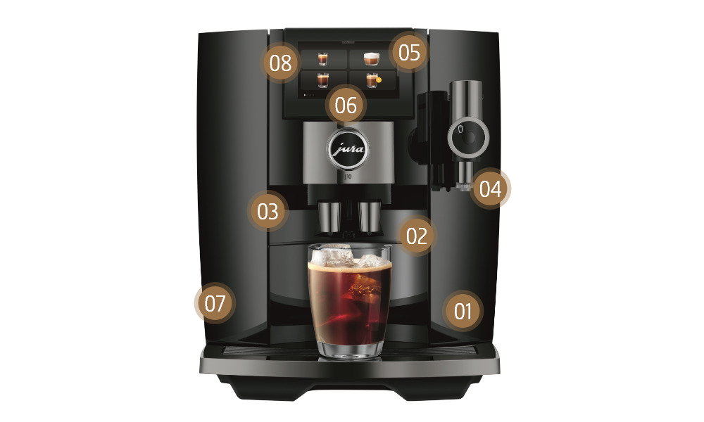 Ekspres JURA J10 Piano Czarny (EA) Jednostka zaparzająca pojemność smak kawa specjały Funkcja Cold Brew kawa na zimno Sweet Foam pianka mleczna spienianie czyszczenie Kontrola aromatu 42 specjały CoffeeEye ekran obsługa