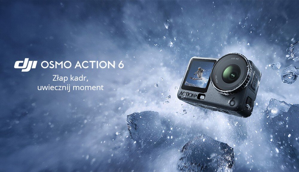Kamera sportowa DJI Osmo Action 6 Kamera sportowa w bryle lodu z napisem 'Złap kadr uwiecznij moment', opis