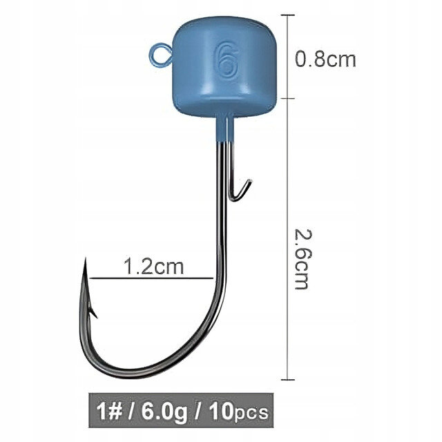 Obraz przedstawia niebieską główkę jigową z hakiem, z wymiarami 0.8 cm na 2.6 cm oraz 1.2 cm. Na dole widoczny jest tekst: \'1# / 6.0g / 10pcs\'.
