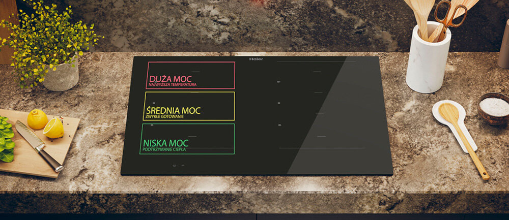Płyta indukcyjna HAIER HAMT68IRB1S Steruj mocą grzania przesuwanie naczyń strefy dostosowanie mocy