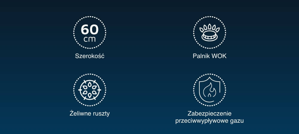 PŁYTA BEKO HILW64235S Na na granatowym tle przedstawiono cztery białe ikonki z opisami cech płyty gazowej: szerokość 60 cm, wysoce wydajne palniki gazowe, zabezpieczenie przeciwwypływowe gazu oraz zapalarkę w pokrętle. Ikony są umieszczone w dwóch rzędach, każda w przerywanej okrągłej ramce, co podkreśla najważniejsze funkcje urządzenia wydajne palniki mocny płomień szybkie gotowanie mniejsze zużycie gazu płyta 60 cm kompaktowa palnik wok szybkie smażenie oszczędność gazu zabezpieczenie gazu bezpieczeństwo