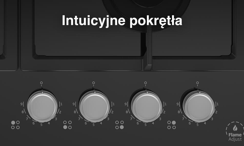 PŁYTA BEKO HILW64235S Na grafice pokazano fragment czarnej płyty gazowej z widocznymi palnikami oraz czterema jasnymi pokrętłami ułożonymi pionowo po prawej stronie. U góry umieszczono biały napis „Intuicyjne pokrętła”, który podkreśla prostą i czytelną obsługę sterowania mocą płomienia łatwa regulacja płomienia precyzyjna kontrola komfort gotowania