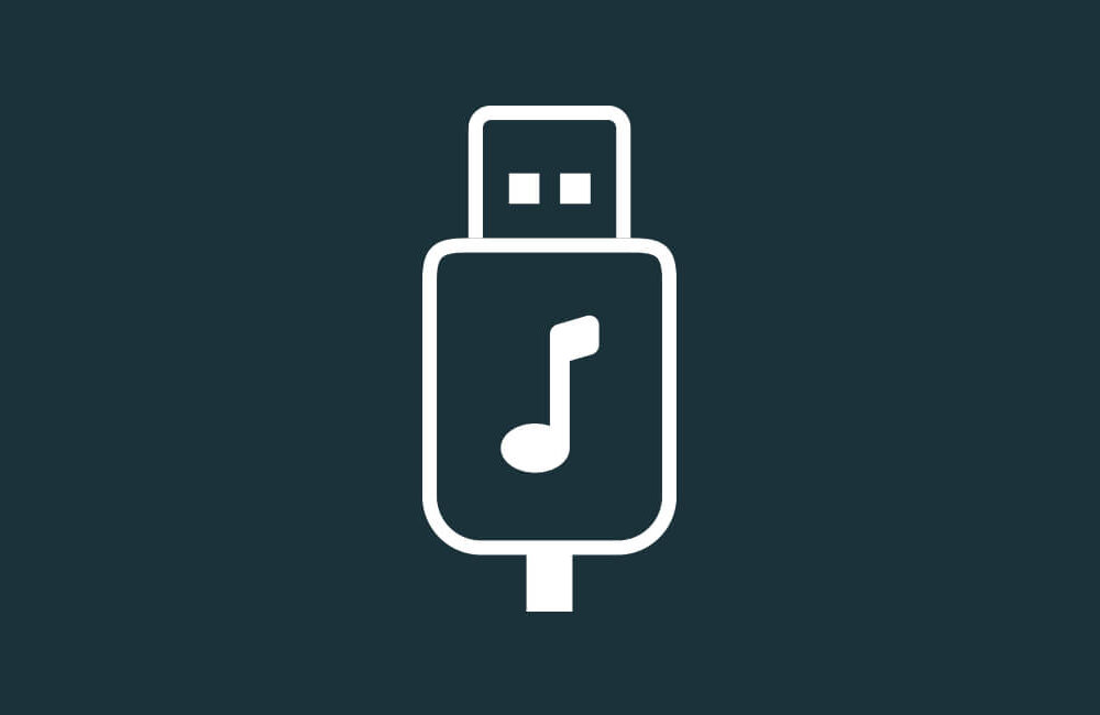 Ikona przedstawia biały symbol pendrive\'a z nutą na ciemnym tle.