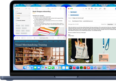 MacBook Neo w kolorze indygo, na ekranie widać wiadomość e-mail z powitalnym pozdrowieniem dla nowej pracowniczki księgarni, inne okna zawierają dokument z Notatek o wdrożeniu i stronę internetową portalu dla pracowników księgarni w Safari