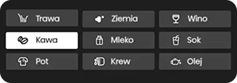 Obraz przedstawia dziewięć przycisków z ikonami i tekstem: Trawa, Ziemia, Wino, Kawa, Mleko, Sok, Pot, Krew, Olej. Przycisk \'Kawa\' jest wyróżniony.