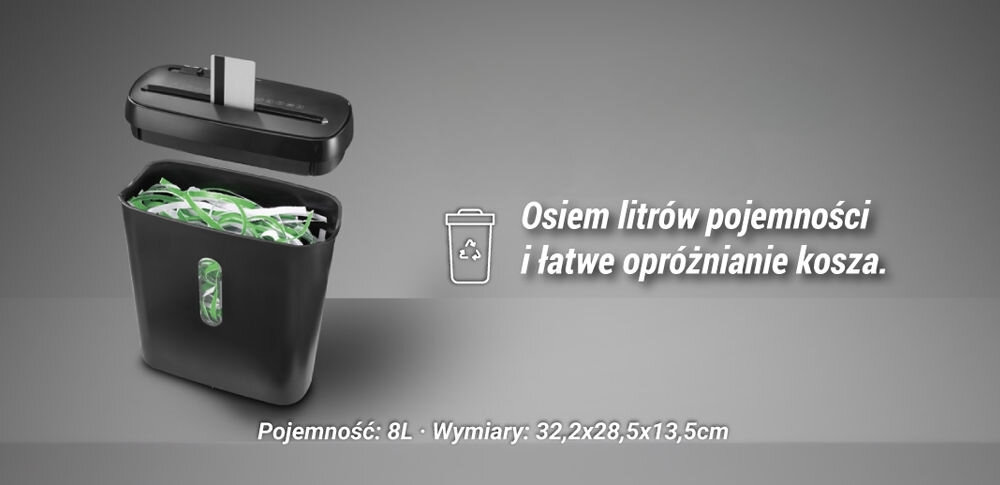 Niszczarka HAMA Classic S61 Shredder P-2, Paski, Automatyczny Start/Stop, Funkcja cofania Niszczarka Hama Classic S61 z niszczoną kartą i tekstem 'Osiem litrów pojemności i łatwe opróżnianie kosza. Pojemność: 8L' wymiary pojemność kosza okienko podglądu zdejmowana głowica