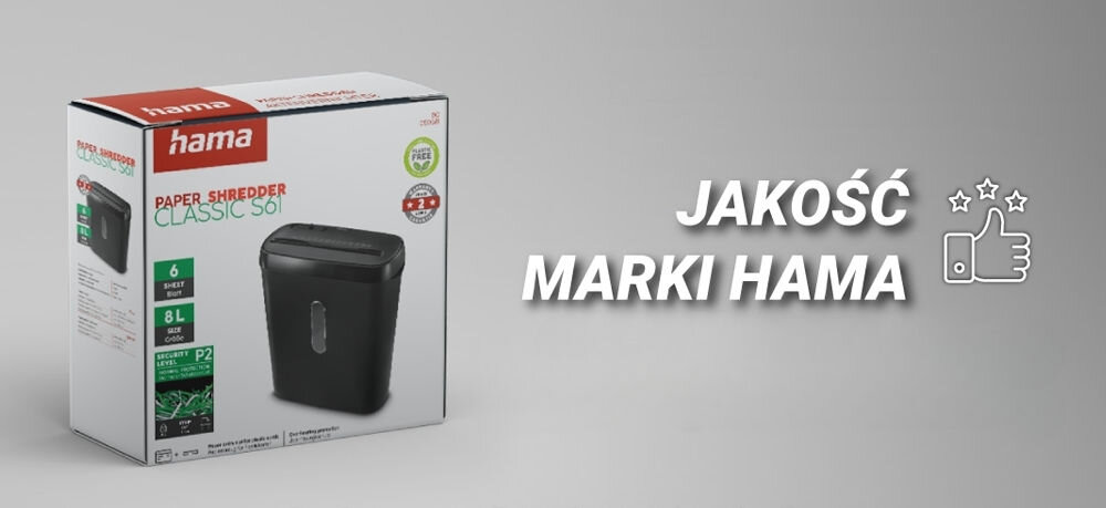 Niszczarka HAMA Classic S61 Shredder P-2, Paski, Automatyczny Start/Stop, Funkcja cofania Pudełko niszczarki Hama Classic S61 z tekstem 'JAKOŚĆ MARKI HAMA' i ikoną kciuka w górę bezpieczeństwo wygoda trwałość cicha praca
