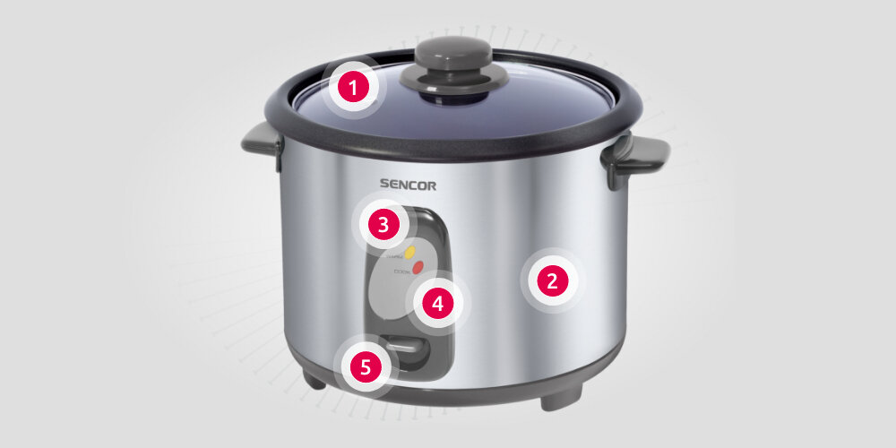 Ryżowar SENCOR SRM 1800SS pokrywka z uchwytem i otworem wewnetrzne wyjmowane naczynie kontrola swietlna KEEP WARM kontrolka swietlna COOK przełącznik tryby