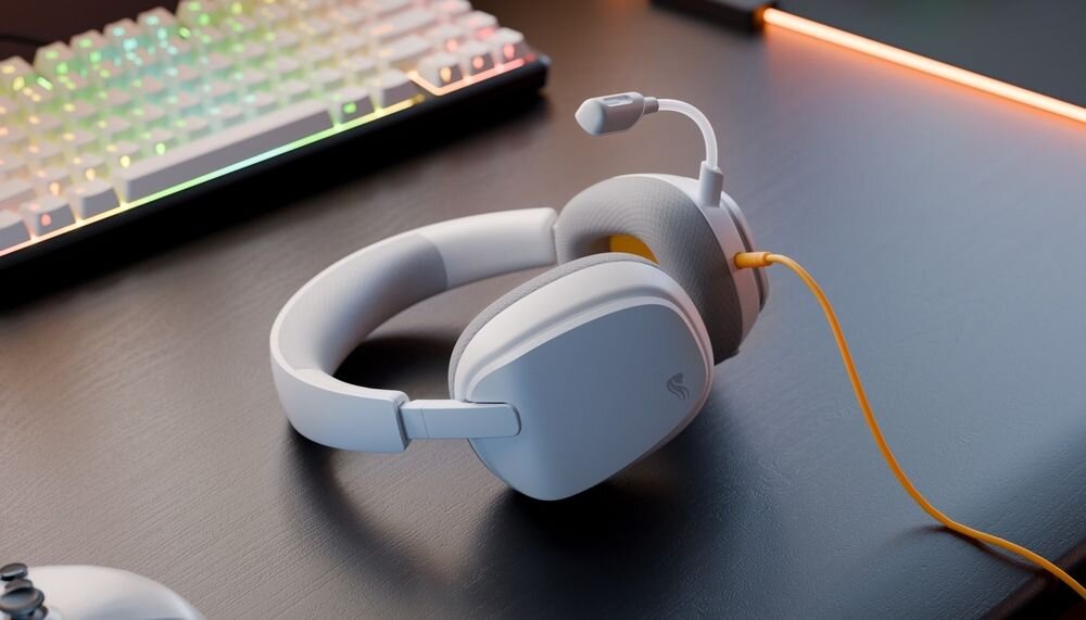 GLORIOUS GHS Eternal GLO-A-1PC-WHT słuchawki gamingowe przewodowe multiplatformowe wysoka jakość dźwięku, słuchawki leżące na biurku
