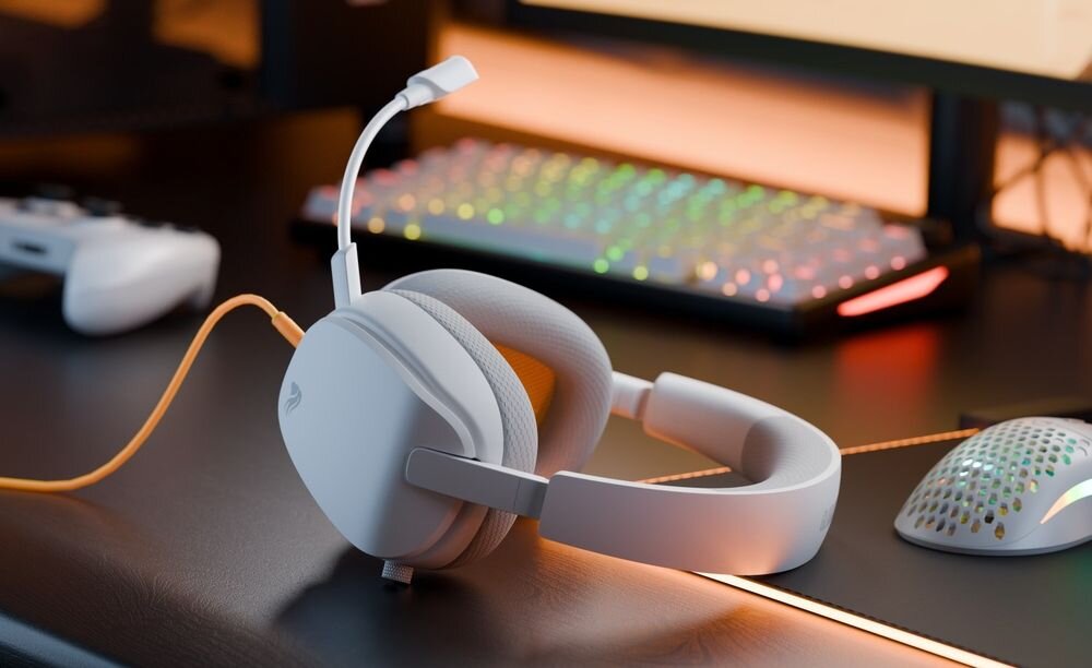 GLORIOUS GHS Eternal GLO-A-1PC-WHT słuchawki przetworniki kątowe zakres 20Hz 20kHz precyzja dźwięku gaming, słuchawki leżące na biurku