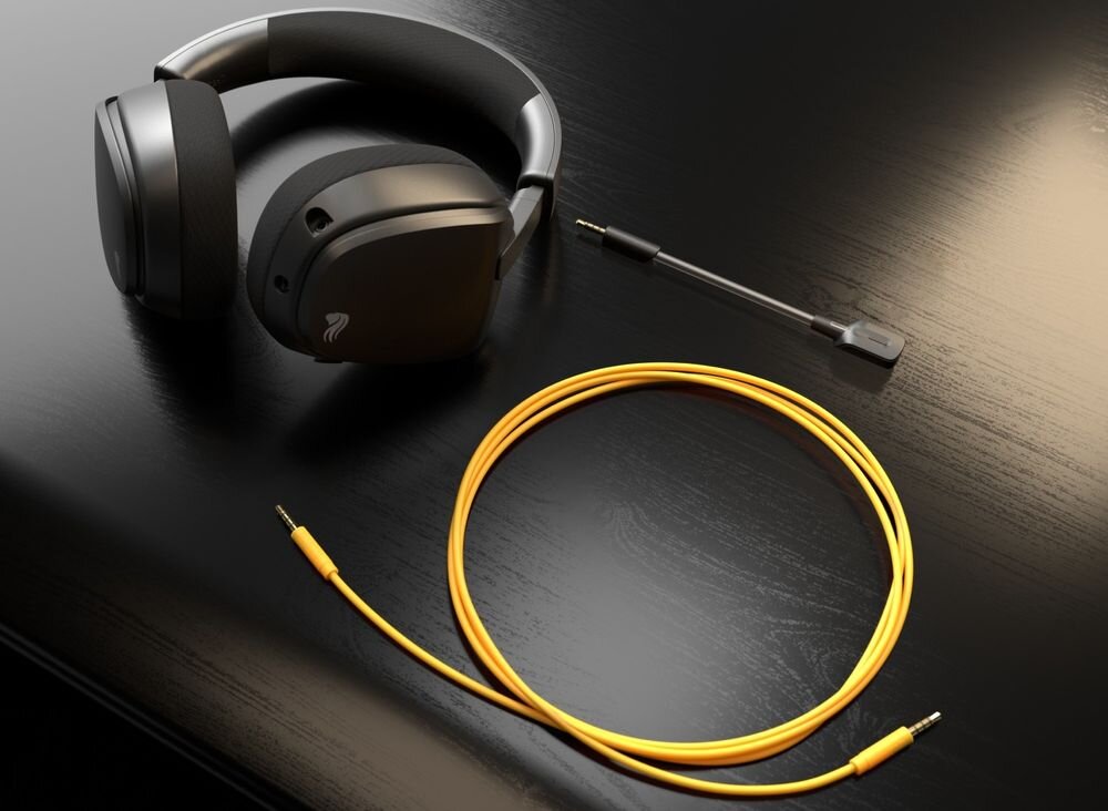 GLORIOUS GHS Eternal GLO-A-1PC-WHT słuchawki THD 1 procent czysty dźwięk stabilne parametry audio gaming, słuchawki leżące na biurku wraz z kablem Aux