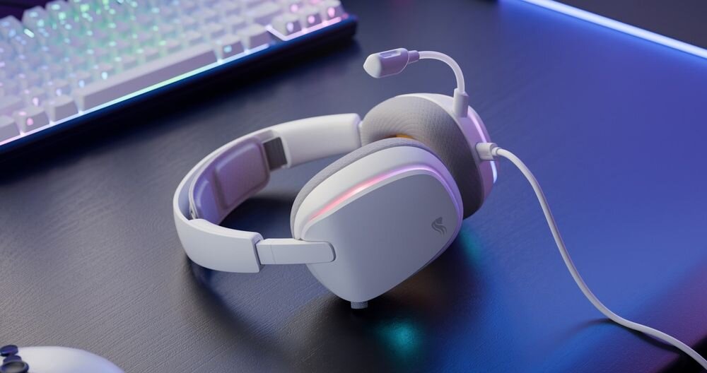 GLORIOUS GHS Eternal RGB GLO-A-2PC-WHT słuchawki gamingowe RGB podświetlenie dźwięk przestrzenny, słuchawki leżące na biurku