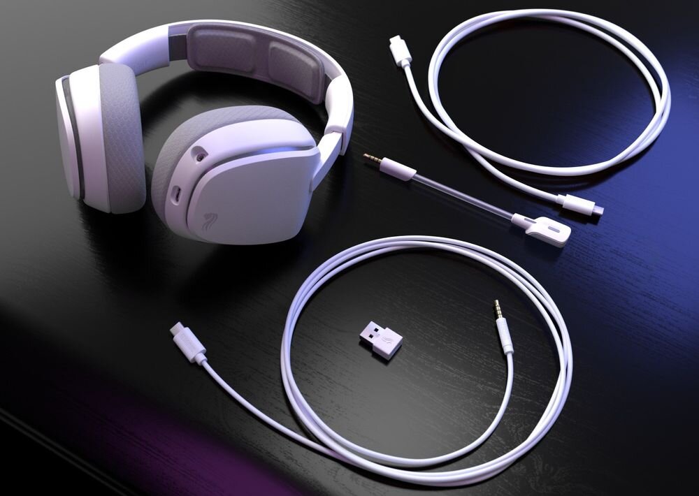 GLORIOUS GHS Eternal RGB GLO-A-2PC-WHT słuchawki mikrofon odłączany komunikacja gaming czysty głos, słuchawki wraz z akcesoriami leżące na biurku