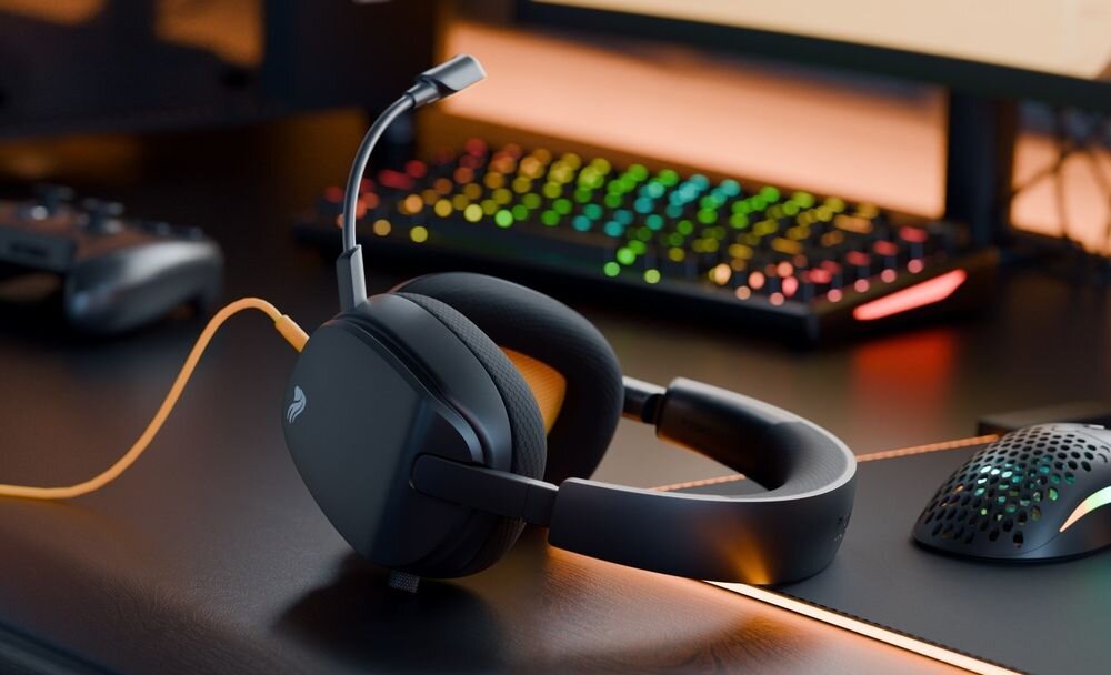 GLORIOUS GHS Eternal GLO-A-1PC-BLK słuchawki przetworniki kątowe zakres 20Hz 20kHz precyzja dźwięku gaming, słuchawki leżące na biurku