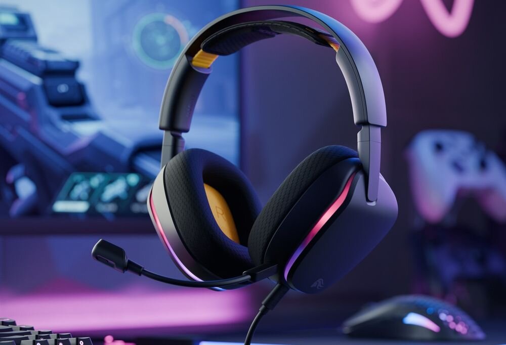 GLORIOUS GHS Eternal RGB GLO-A-2PC-BLK słuchawki przetworniki zakres 20Hz 20kHz precyzja dźwięku, słuchawki wiszące w powietrzu na tle biurku