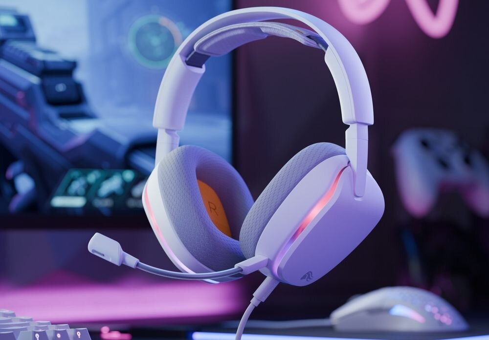 GLORIOUS GHS Eternal RGB GLO-A-2PC-BLK słuchawki sterowanie chat mix RGB kontrola głośność, słuchawki wiszące w powietrzu na tle biurku