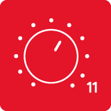 Czerwona ikona z białym symbolem pokrętła i liczbą 11 w prawym dolnym rogu.