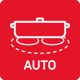 Czerwona ikona z białym symbolem garnka na dwóch palnikach oraz napisem \'AUTO\'.