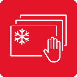 Czerwona ikona z białym symbolem płatka śniegu i dłoni na tle kilku prostokątów.