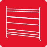 Czerwona ikona z białym symbolem przedstawiającym pięć poziomych linii, przypominających półki lub ruszt.