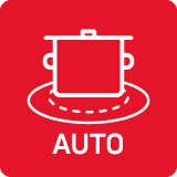 Czerwona ikona z białym symbolem garnka na płycie grzewczej oraz napisem \'AUTO\'.