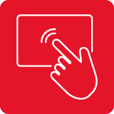 Czerwona ikona z białym symbolem dłoni dotykającej ekran.