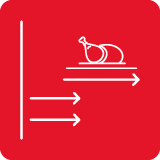 Czerwony kwadrat z białą ikoną przedstawiającą kawałek mięsa na tacy oraz trzy strzałki skierowane w prawo.