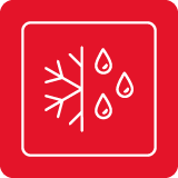 Czerwona ikona z białym symbolem przedstawiającym po lewej stronie płatek śniegu, a po prawej trzy krople wody.
