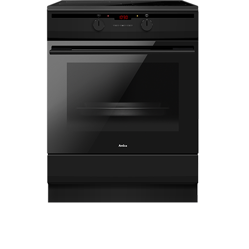Czarna kuchnia wolnostojąca z płytą indukcyjną i piekarnikiem. Na froncie widoczny jest wyświetlacz elektroniczny oraz logo Amica.