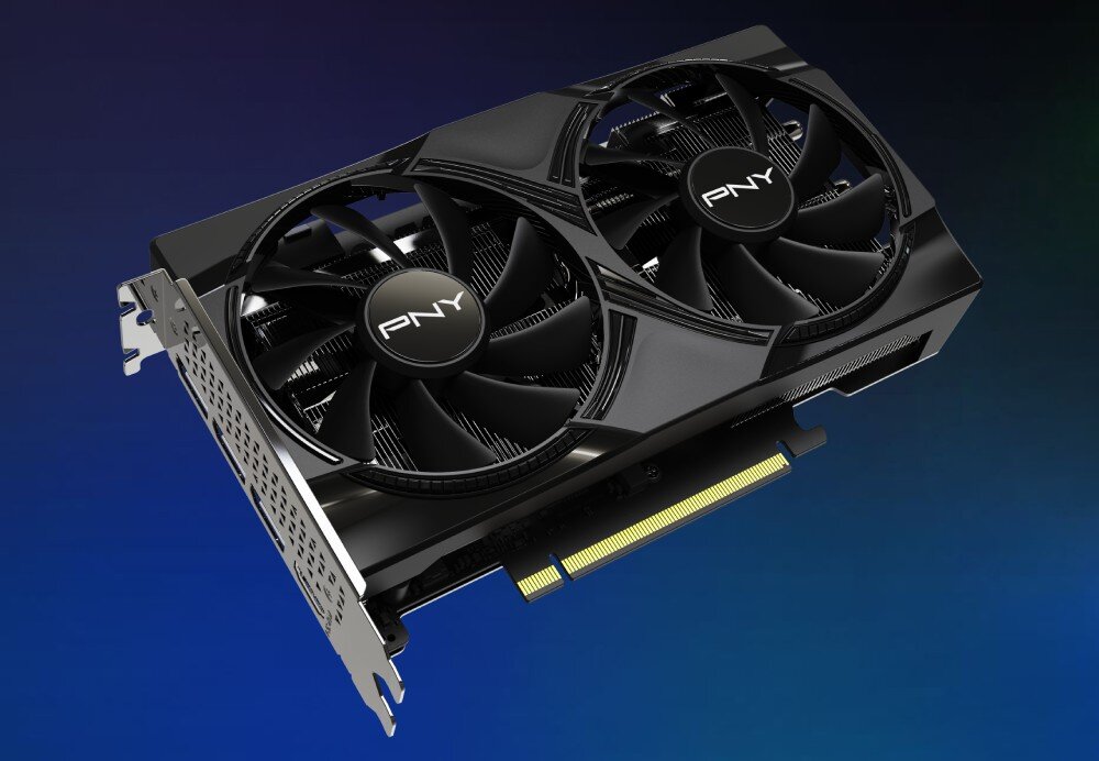 Komputer MAD DOG ARYA-A16DR16 karta graficzna z dwoma wentylatorami w czarnej obudowie na niebieskim tle