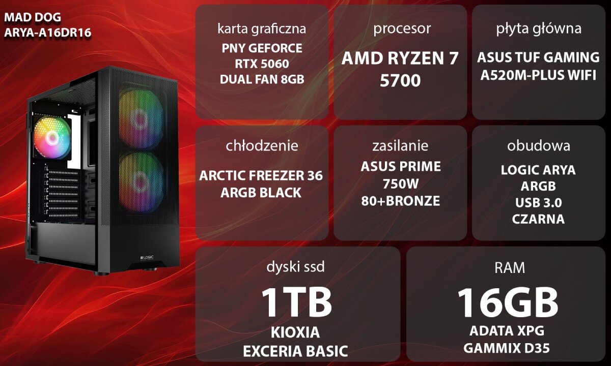 Komputer MAD DOG ARYA-A16DR16 Kobieta w słuchawkach z mikrofonem siedzi przy biurku i gra na komputerze gamingowym z podświetlanymi wentylatorami. Na monitorze widoczna animowana scena przedstawiająca ulicę, przeznaczenie, testy, podzespoły