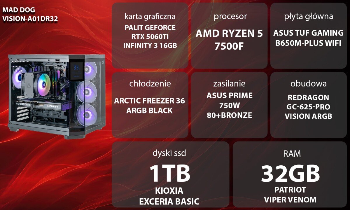 Obraz przedstawia komputer z podświetleniem RGB oraz specyfikację techniczną: karta graficzna Palit GeForce RTX 5060Ti Infinity 3 16GB, procesor AMD Ryzen 5 7500F, płyta główna ASUS TUF Gaming B650M-Plus WiFi, chłodzenie Arctic Freezer 36 ARGB Black, zasilanie ASUS Prime 750W 80+Bronze, obudowa Redragon GC-625-Pro Vision ARGB, dysk SSD 1TB Kioxia Exceria Basic, RAM 32GB Patriot Viper Venom.