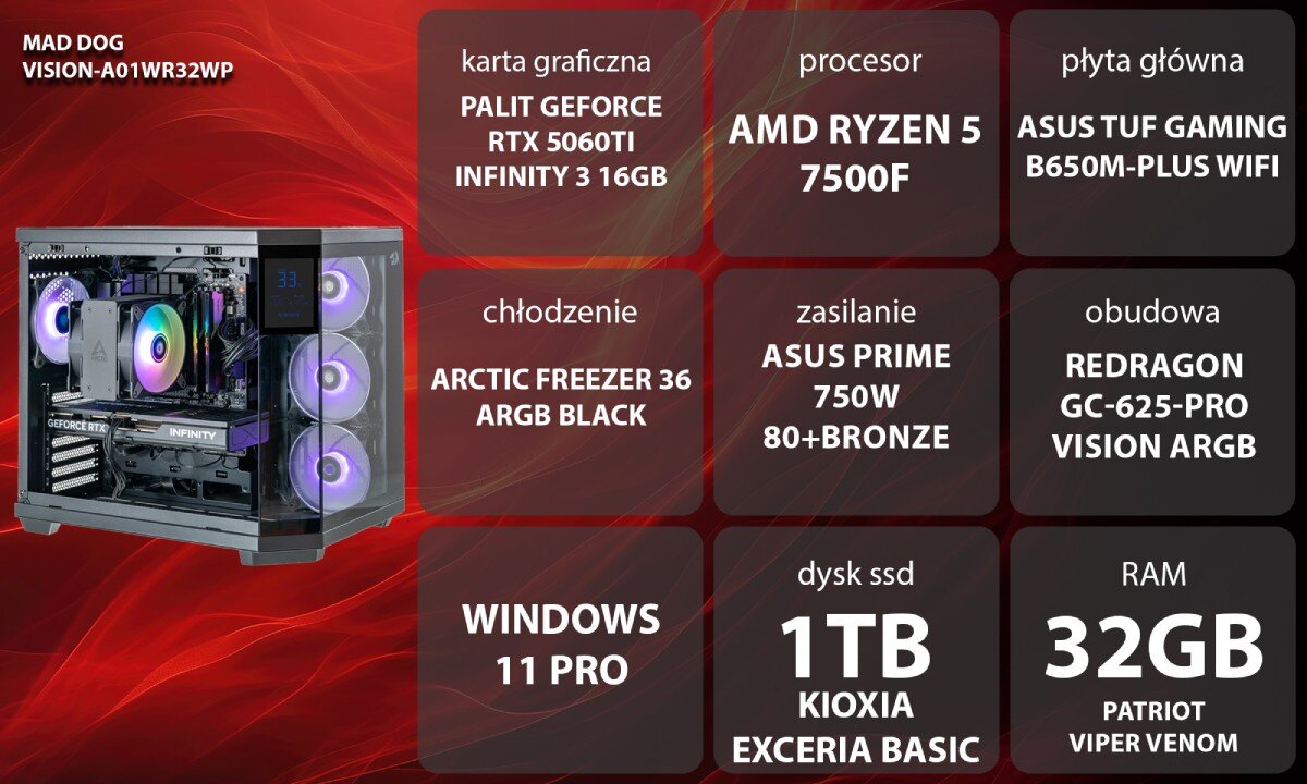 Obudowa komputera z przezroczystymi panelami, wyposażona w cztery wentylatory z podświetleniem RGB. Na froncie widoczne jest logo producenta oraz wyświetlacz z temperaturą 59°C i napisem \'media expert\'.