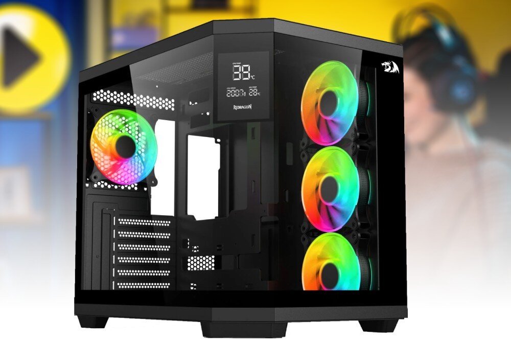 Obudowa komputera z przezroczystymi panelami, wyposażona w cztery wentylatory z podświetleniem RGB. Na froncie widoczne jest logo producenta oraz wyświetlacz z temperaturą 39°C i napisem \'Rainbow\'.