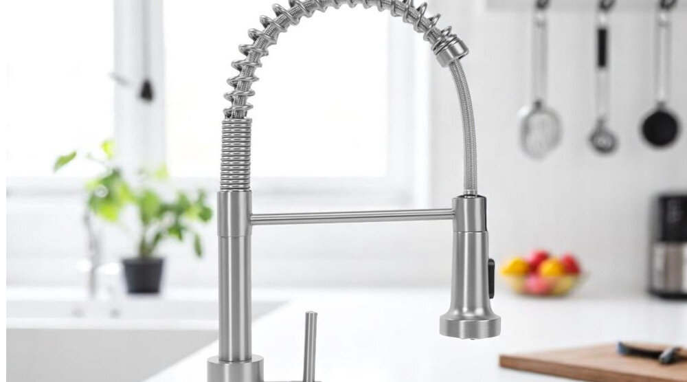 Na obrazie widoczna jest bateria kuchenna w kolorze niklu szczotkowanego z elastyczną wylewką. W tle znajduje się jasna kuchnia z rośliną i owocami na blacie.