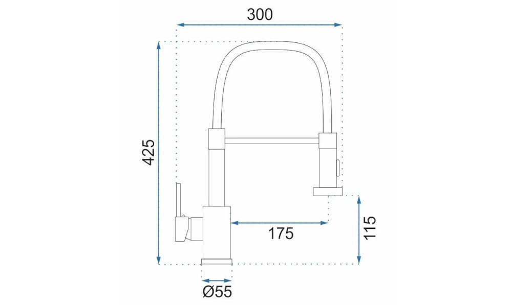 Schemat techniczny baterii z wymiarami: wysokość 425 mm, szerokość 300 mm, głębokość 175 mm, średnica podstawy 55 mm, wysokość wylewki 115 mm.