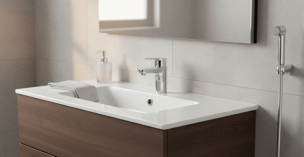 BATERIA UMYWALKOWA ROZMIAR S GROHE BAUEDGE 23757000 CHROM Łazienka z prostokątną umywalką na drewnianej szafce i chromowaną baterią; obok dozownik mydła i ręcznik, a na ścianie lustro oraz słuchawka bidetowa