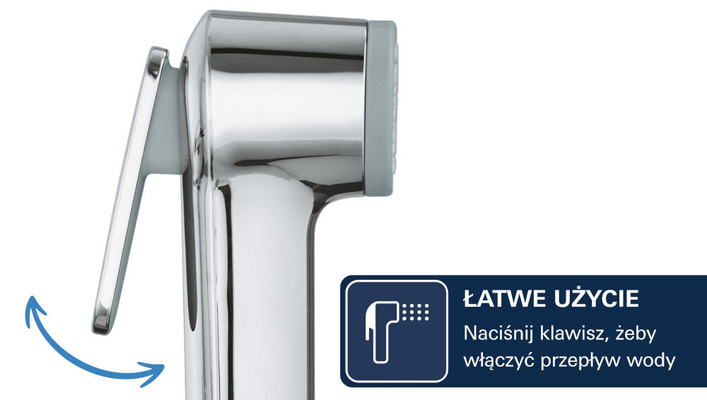 BATERIA UMYWALKOWA ROZMIAR S GROHE BAUEDGE 23757000 CHROM Zbliżenie słuchawki bidetowej z przyciskiem uruchamiającym wodę oraz napis „Łatwe użycie”, podkreślający prostą obsługę słuchawka bidetowa do baterii higiena łazienki kompaktowe rozwiązanie łatwy montaż wygodne użytkowanie
