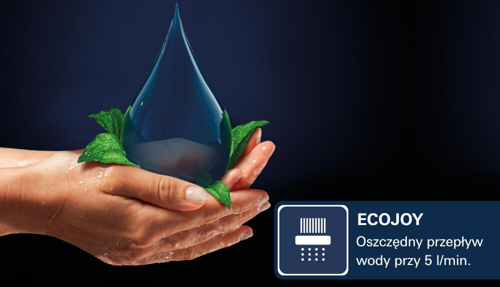 BATERIA UMYWALKOWA ROZMIAR S GROHE BAUEDGE 23757000 CHROM EcoJoy Dłonie trzymają dużą kroplę wody z liśćmi na ciemnym tle, z napisem „ECOJOY” – symbol oszczędnego zużycia wody (5 l/min) oszczędność wody niższe rachunki perlatory miękki strumień komfort ekologia