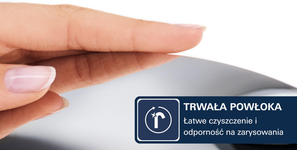 BATERIA UMYWALKOWA ROZMIAR S GROHE BAUEDGE 23757000 CHROM Zbliżenie dłoni dotykającej gładkiej powierzchni z napisem „Trwała powłoka” – podkreślenie odporności na zarysowania i łatwego czyszczenia prosty design chrom GROHE LongLife połysk odporność na uszkodzenia łatwe czyszczenie