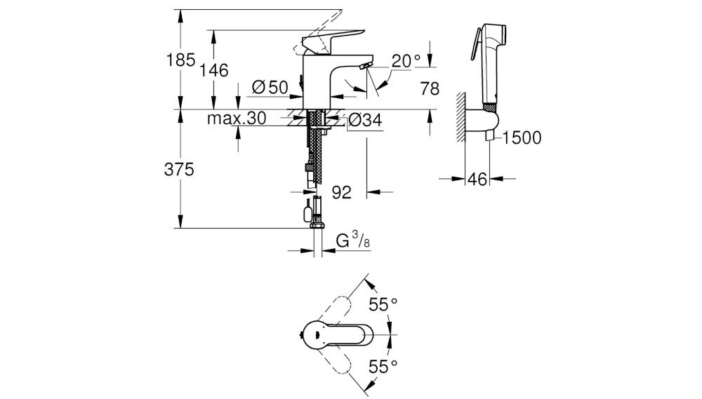 BATERIA UMYWALKOWA ROZMIAR S GROHE BAUEDGE 23757000 CHROM Rysunek techniczny baterii z dokładnymi wymiarami – wysokość ok. 185 mm, zasięg wylewki 78 mm oraz średnice montażowe (m.in. Ø50 i Ø34), wraz z widokiem słuchawki bidetowej i szczegółami instalacji bateria umywalkowa stojąca jednodźwigniowa mosiądz chrom głowica ceramiczna prysznic słuchawka przepływ 5 l min
