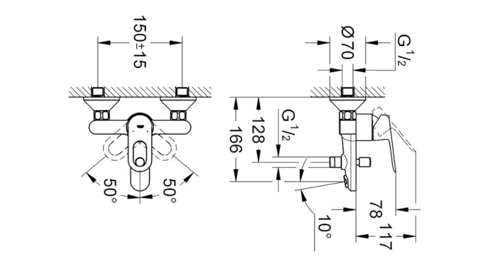 Schemat techniczny baterii wannowej z wymiarami i kątami montażu. Widoczne oznaczenia: 150±15, 50°, G1/2, Ø70, 166, 128, 78, 117, 10°.