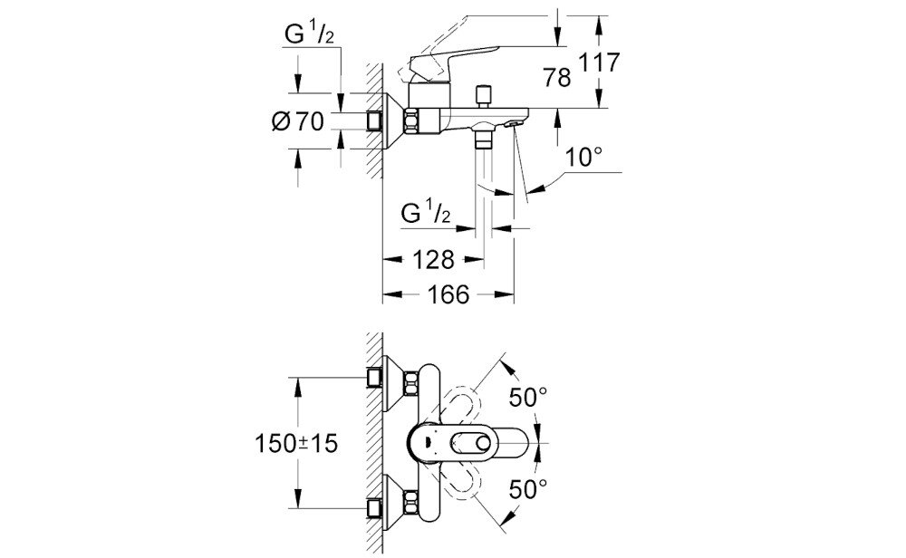 Schemat techniczny baterii wannowej z wymiarami w milimetrach, zawierający oznaczenia takie jak G1/2, Ø70, 128, 166, 150±15 oraz kąty 10° i 50°.