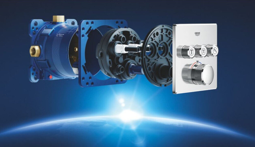 Element podtynkowy GROHE Rapido Smartbox 35600000 Widok eksplodujący (rozłożony) baterii podtynkowej GROHE – pokazane są wszystkie elementy konstrukcji od modułu instalacyjnego po panel sterowania