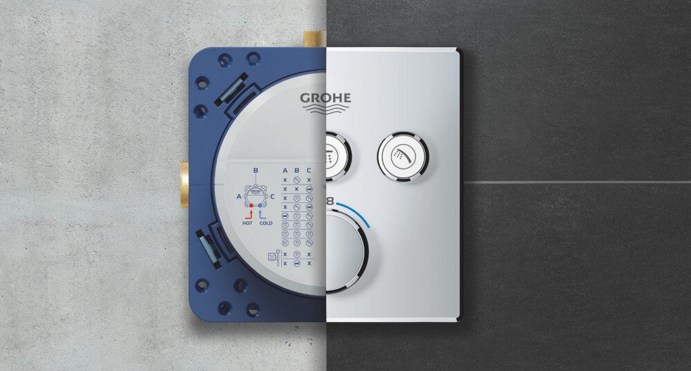 Element podtynkowy GROHE Rapido Smartbox 35600000 Połączenie części instalacyjnej i panelu zewnętrznego zamontowanego w ścianie – widoczny panel sterowania z pokrętłami głębokość instalacji 75 105 mm montaż w cienkiej ścianie elastyczna instalacja swoboda aranżacji