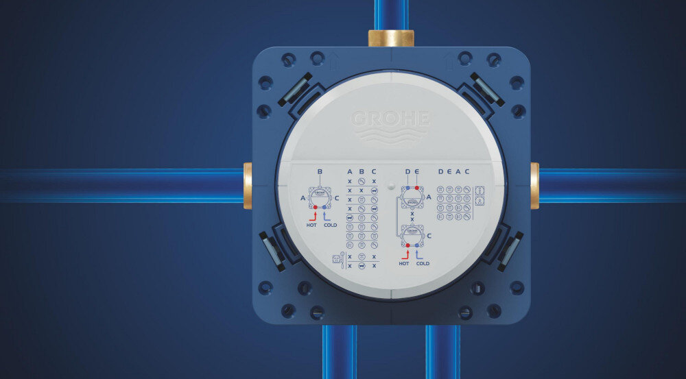 Element podtynkowy GROHE Rapido Smartbox 35600000 Moduł podtynkowy GROHE na tle schematycznych, niebieskich linii instalacji wodnej, przedstawiający rozdział wody i wewnętrzne połączenia systemu trzy wyjścia wody deszczownica prysznic ręczny wylewka rozbudowana instalacja