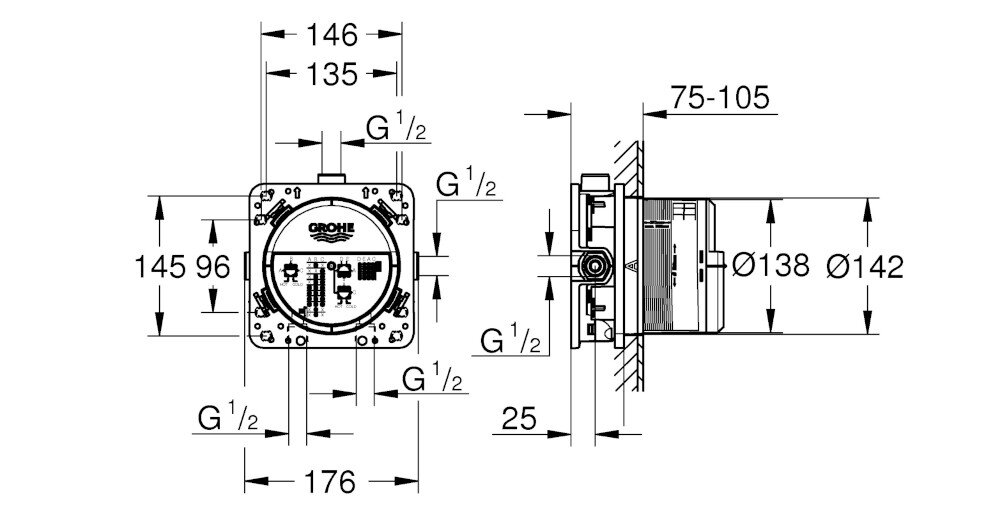 Element podtynkowy GROHE Rapido Smartbox 35600000 Rysunek techniczny modułu z dokładnymi wymiarami montażowymi – zaznaczone szerokości, wysokości, średnice oraz przyłącza G 1/2 dane techniczne długość 10 5 cm szerokość 14 6 cm wysokość 14 5 cm głębokość 7 5 10 5 cm kolor niebieski trzy wyjścia wody przyłącza 1 2